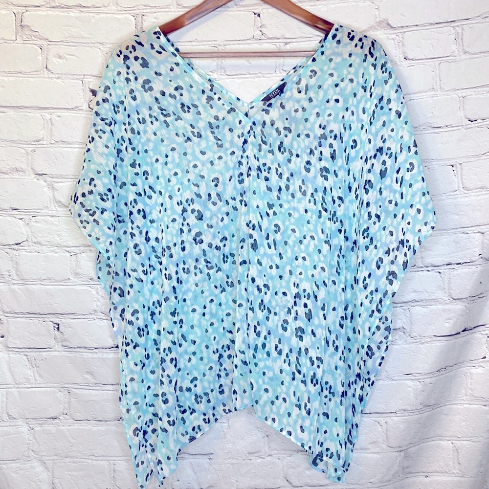 NYDJ Blue Cheetah Print Over-Sized Sheer Tunic Blouse Size Small